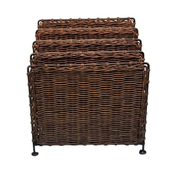 Vtg MCM Desktop Hand Woven Wicker Metal Vinyl Stationary Magazine Rack Holder - Picture 2 of 11
